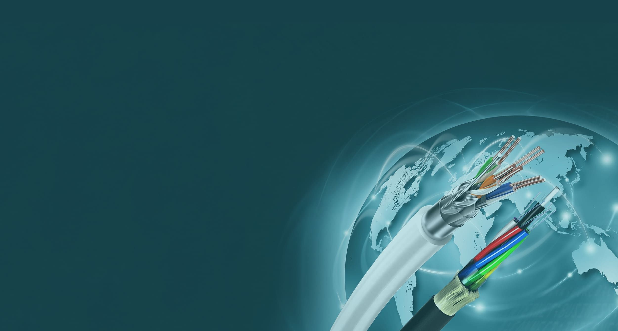 Ein dunkelblauer Hintergrund mit einer Grafik der Erde mit Kabeln im Vordergrund